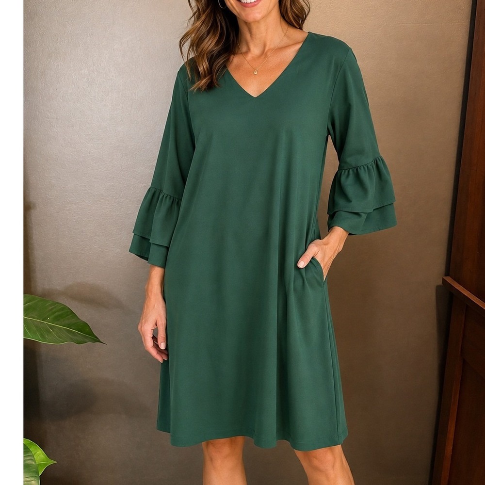Belongsci Shift Dress Women L Green Excellent V-Neck Bell Sleeve Pocket